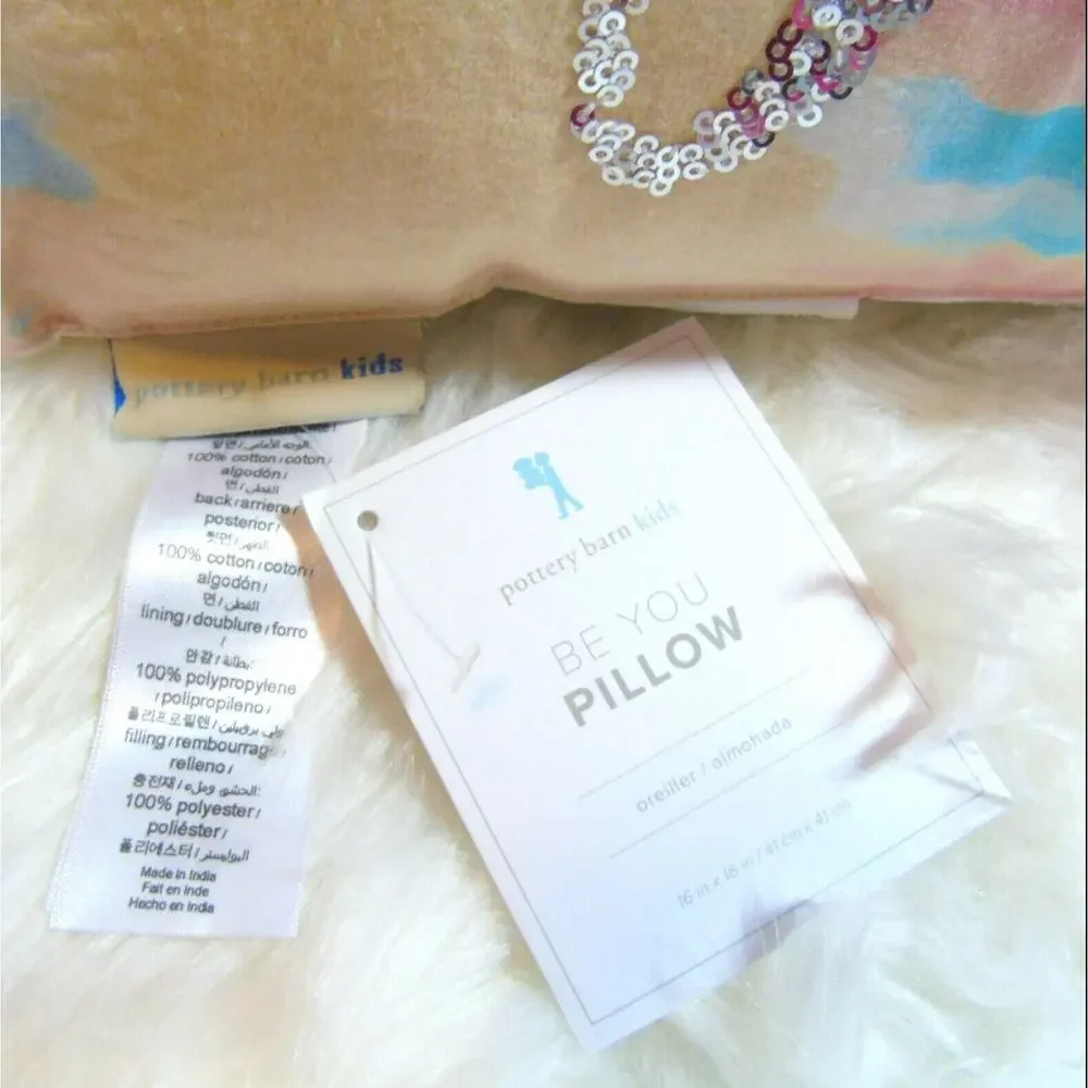 Pottery Barn BE YOU PILLOW 16x16 Silver Sequins Phrase Sunset Pink Peach Teal
